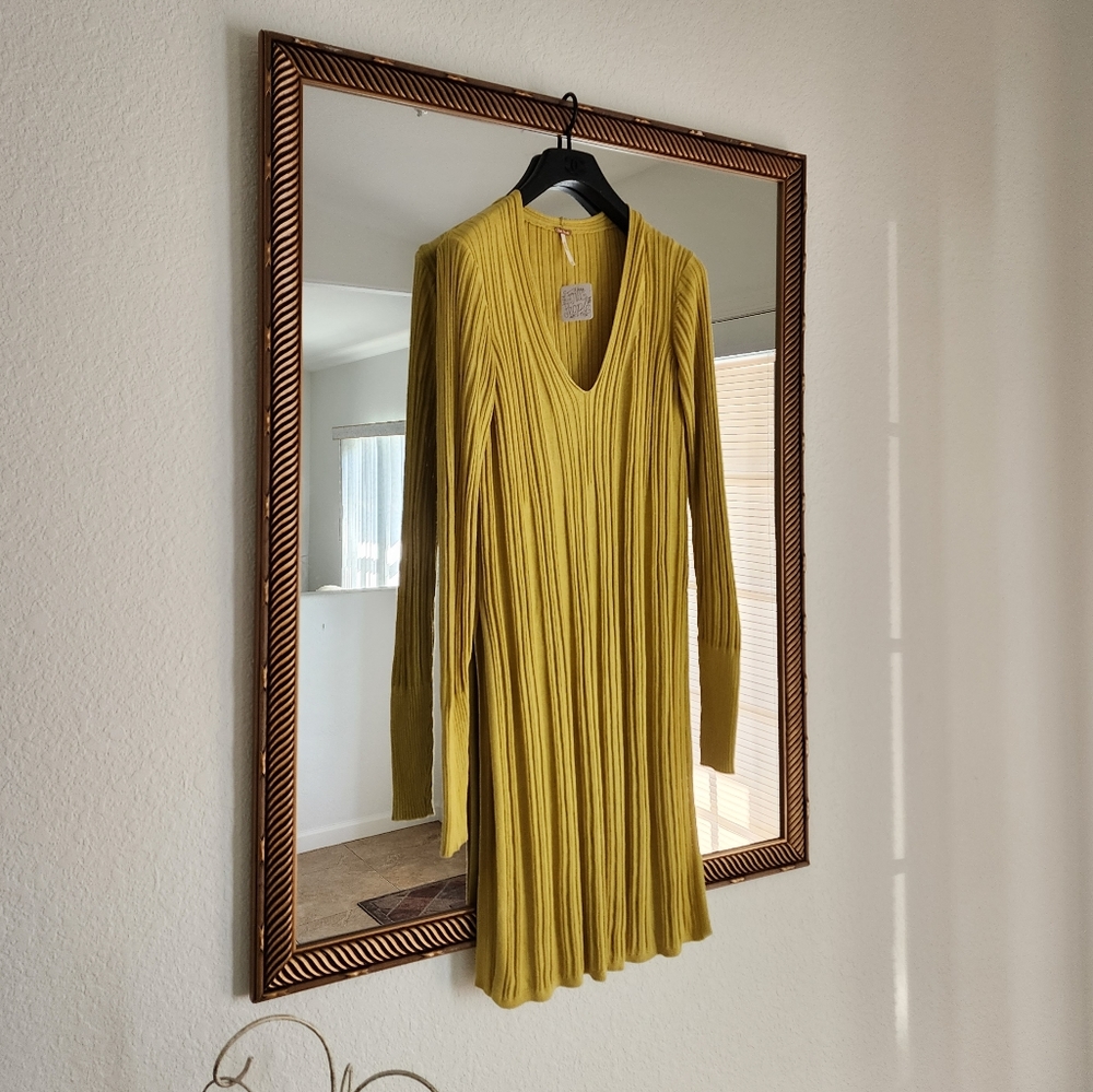 Free People Ribbed Yellow Side Slit Tunic Sweater Top